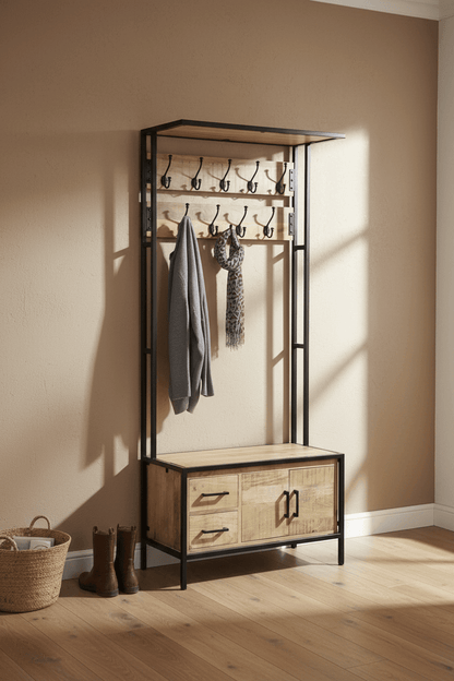 Garderoberek Industrieel Design Naturel | Mangohout en Staal | 80x40x190cm