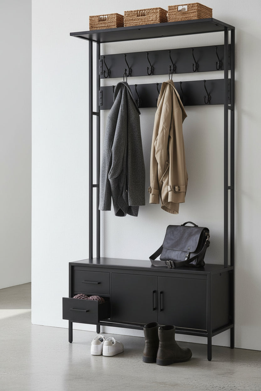 Britt Garderobe XL Zwart – Massief Mangohout &amp; Staal | 100 × 40 × 190 cm
