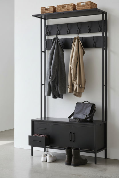 Britt Garderobe XL Zwart – Massief Mangohout &amp; Staal | 100 × 40 × 190 cm