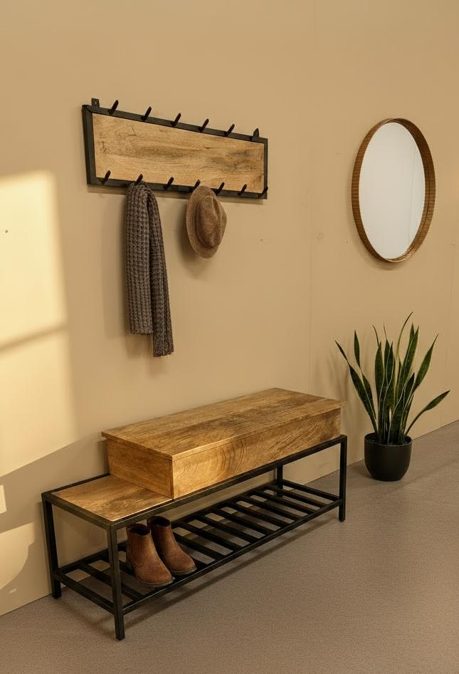 Kapstok &amp; Bankje “Urban Loft” – Licht Mangohout met Industrieel Karakter (110 cm)