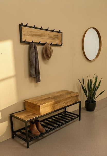 Kapstok &amp; Bankje “Urban Loft” – Licht Mangohout met Industrieel Karakter (110 cm)