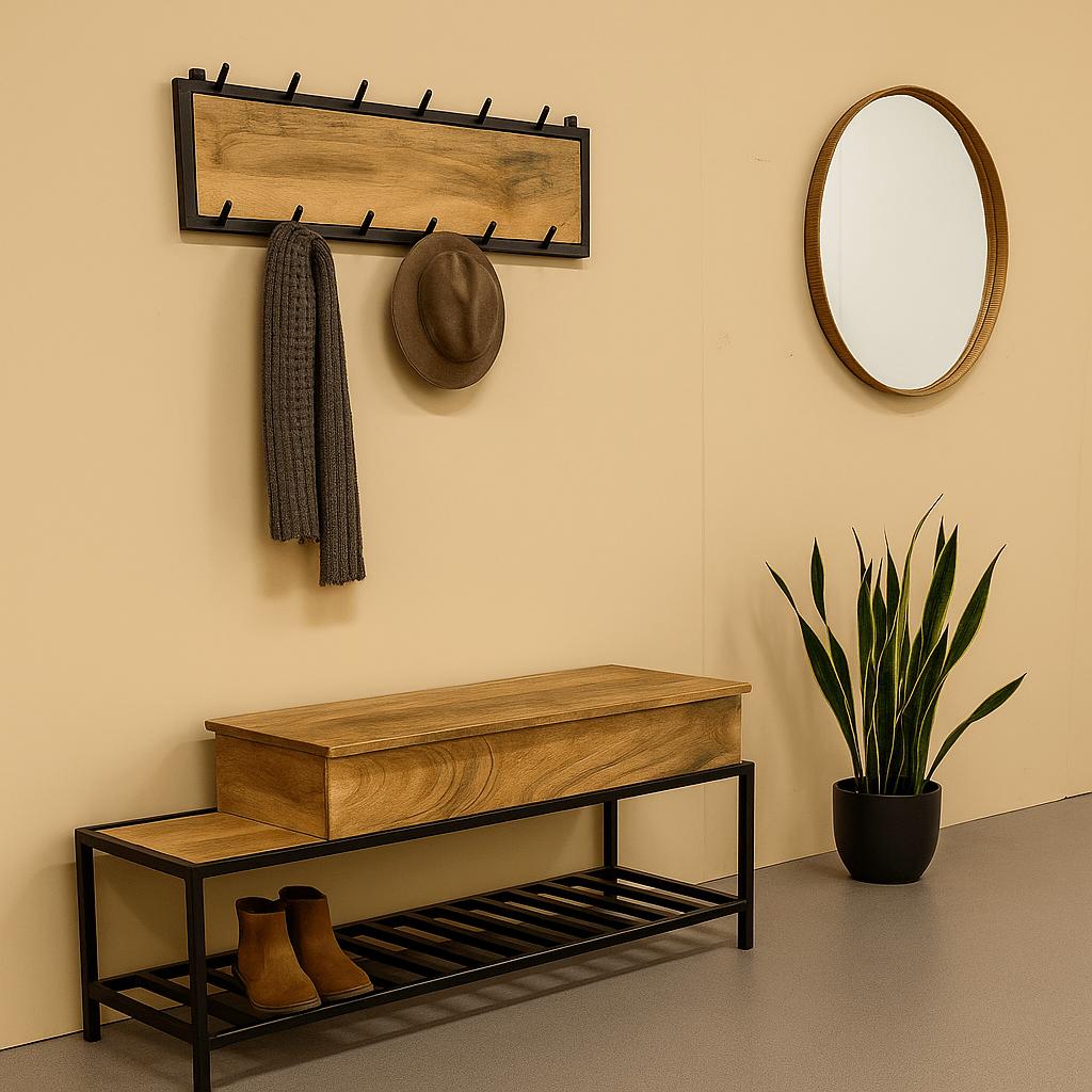 Kapstok &amp; Bankje “Urban Loft” – Licht Mangohout met Industrieel Karakter (110 cm)