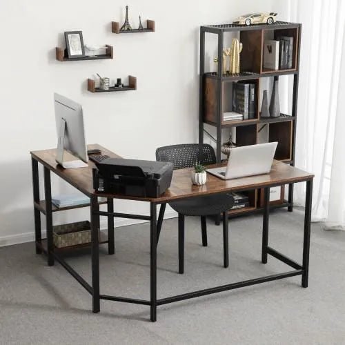 Hoekbureau Industrieel Design | Houtlook en Staal | 138x138x75cm - Industrieelinhuis.nl