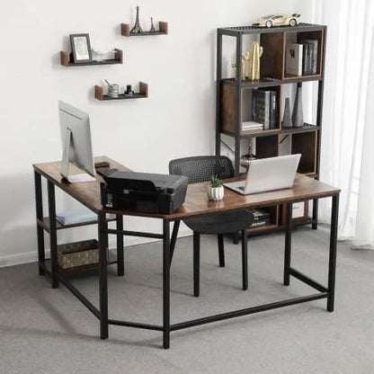 Hoekbureau Industrieel Design | Houtlook en Staal | 138x138x75cm - Industrieelinhuis.nl