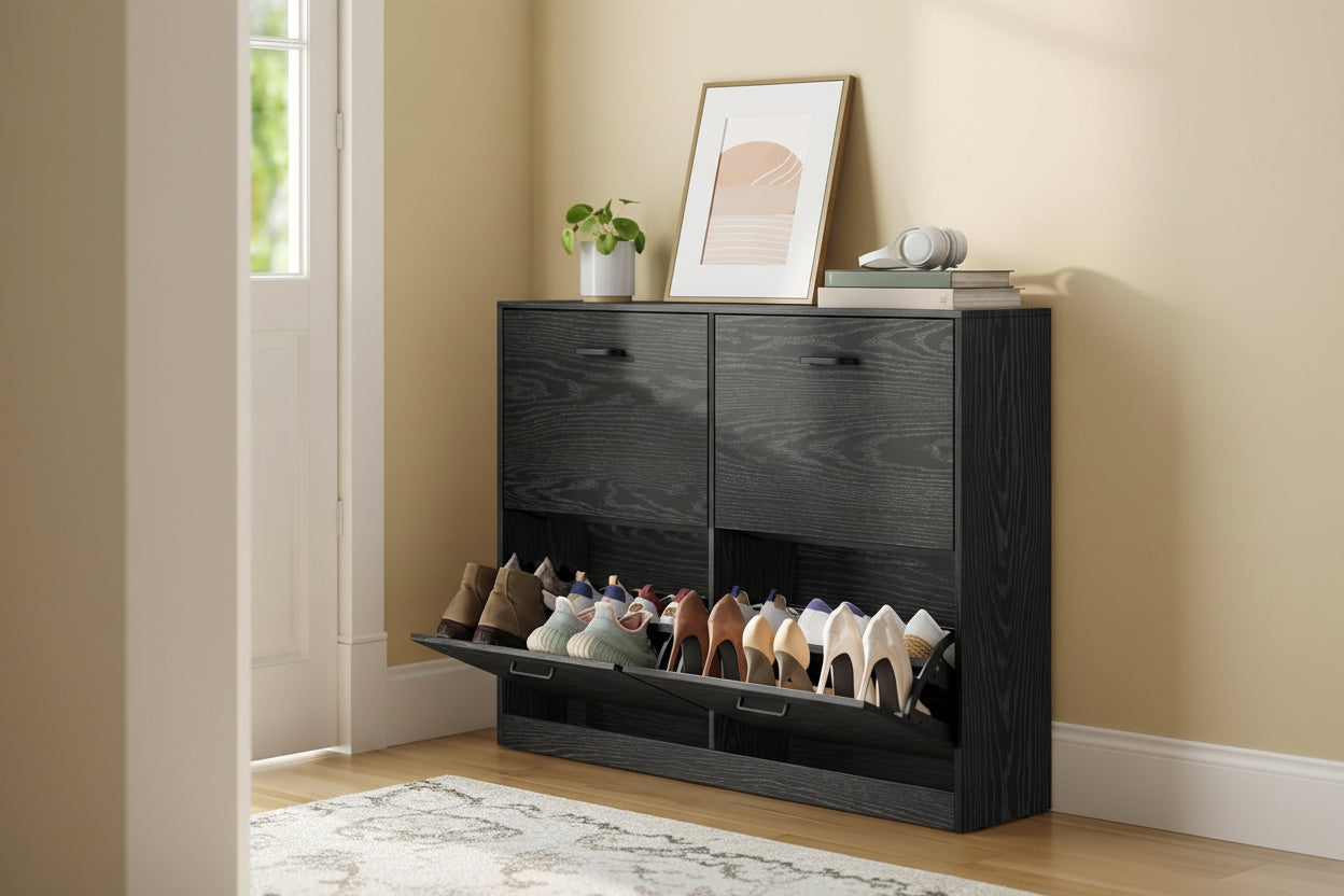 Schoenenkast wandkast zwart hout | 24x105,5x82,7cm - Industrieelinhuis.nl