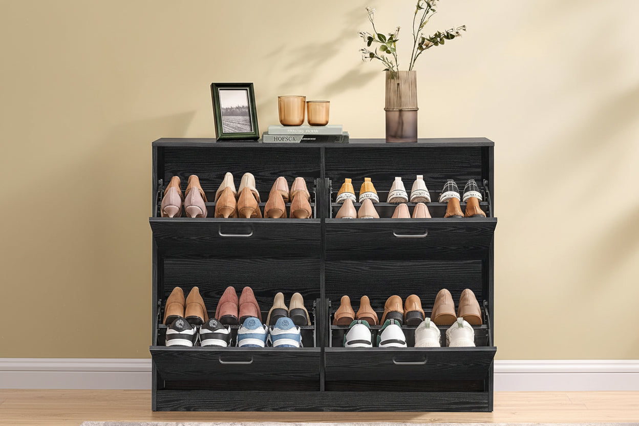 Schoenenkast wandkast zwart hout | 24x105,5x82,7cm - Industrieelinhuis.nl