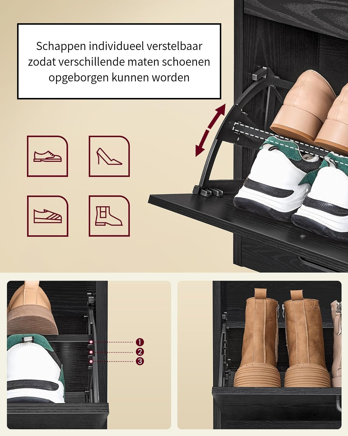 Schoenenkast wandkast zwart hout | 24x105,5x82,7cm - Industrieelinhuis.nl