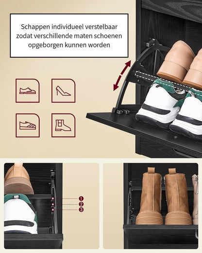 Schoenenkast wandkast zwart hout | 24x105,5x82,7cm - Industrieelinhuis.nl