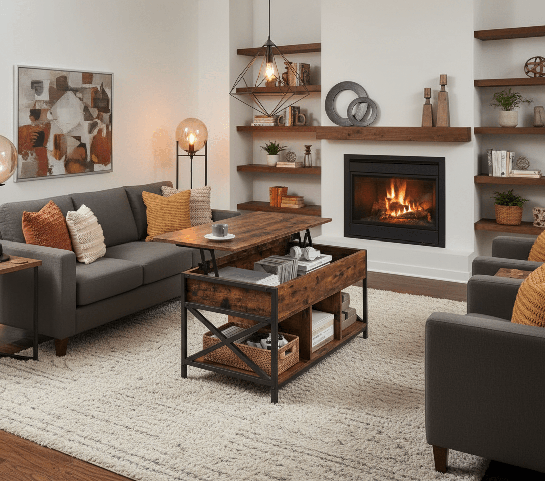 Lift Top Salontafel – Industriële salontafel met verstelbaar tafelblad en verborgen opbergruimte in rustiek bruin en zwart staal