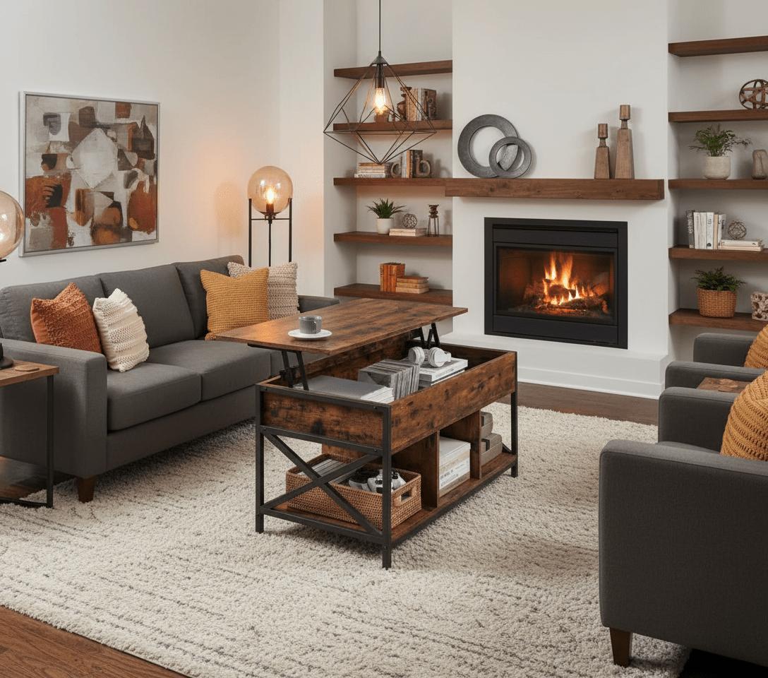 Lift Top Salontafel – Industriële salontafel met verstelbaar tafelblad en verborgen opbergruimte in rustiek bruin en zwart staal