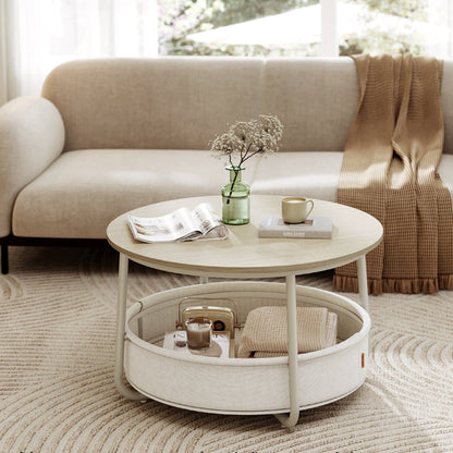 Salontafel Rond Crème wit met opbergmand | Houtlook en Staal | ⌀ 75cm x 45cm - Industrieelinhuis.nl