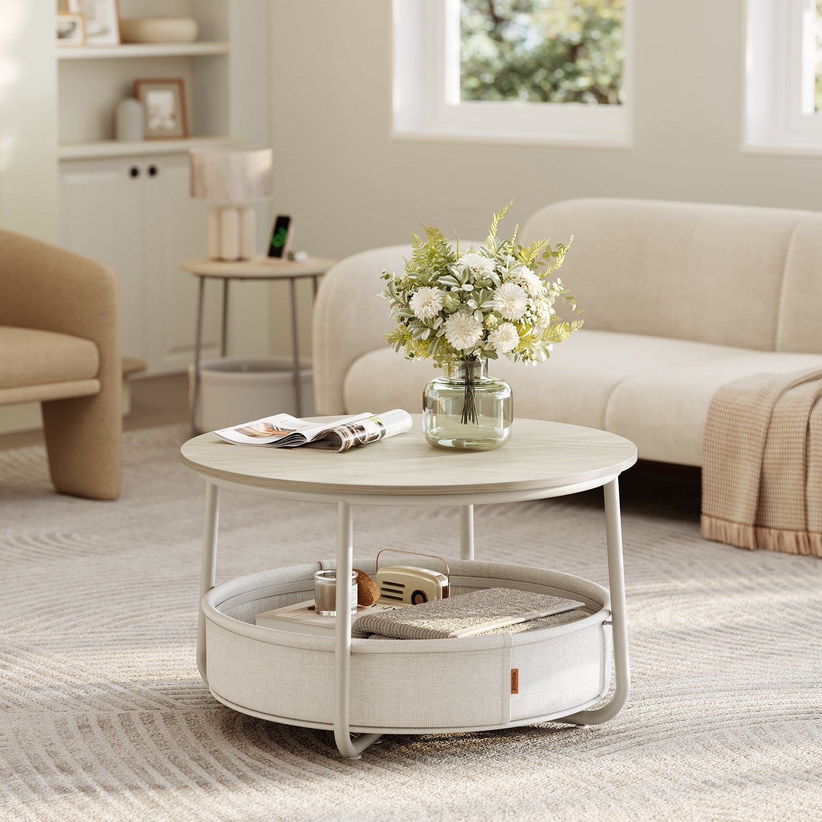 Salontafel Rond Crème wit met opbergmand | Houtlook en Staal | ⌀ 75cm x 45cm - Industrieelinhuis.nl