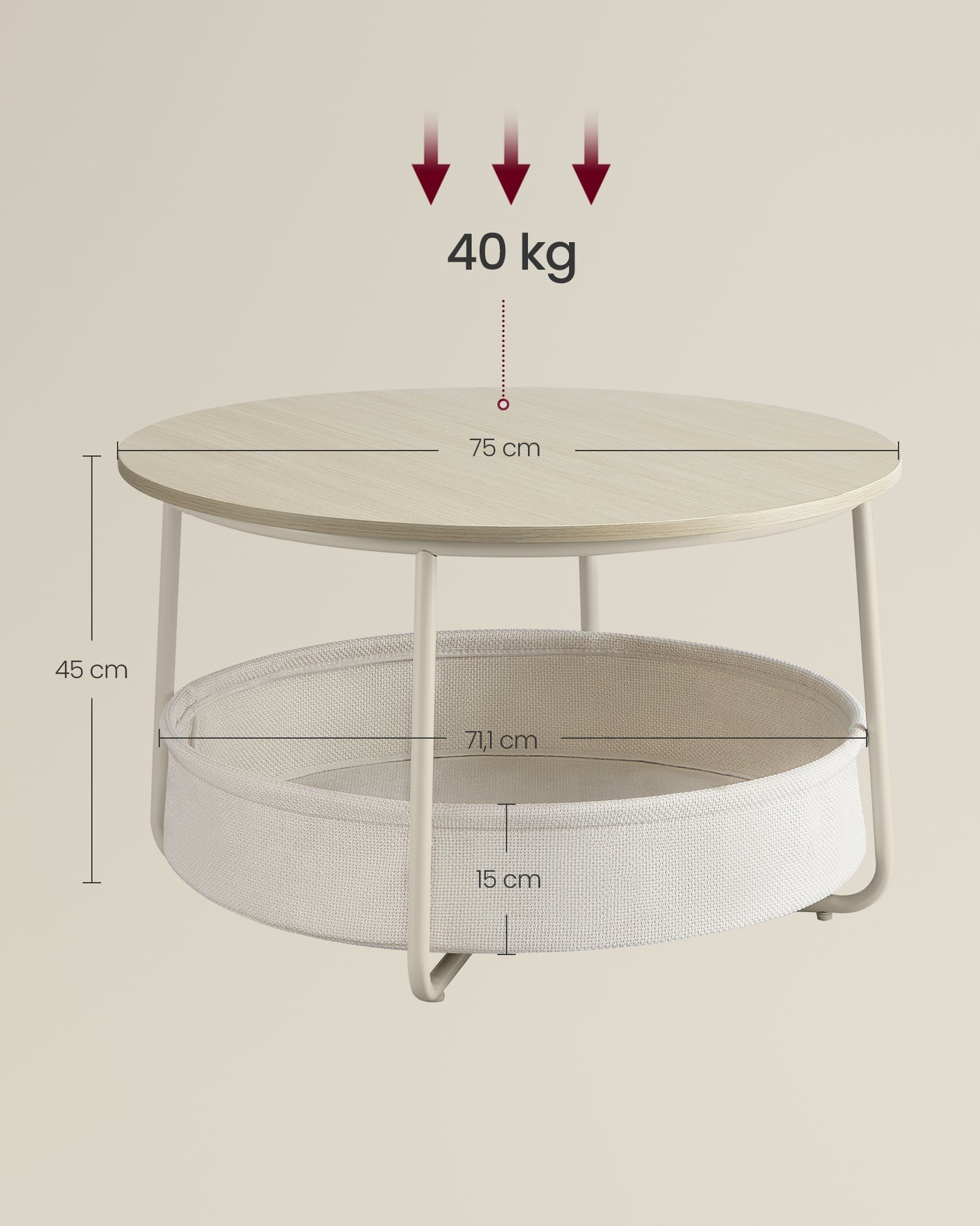 Salontafel Rond Crème wit met opbergmand | Houtlook en Staal | ⌀ 75cm x 45cm - Industrieelinhuis.nl