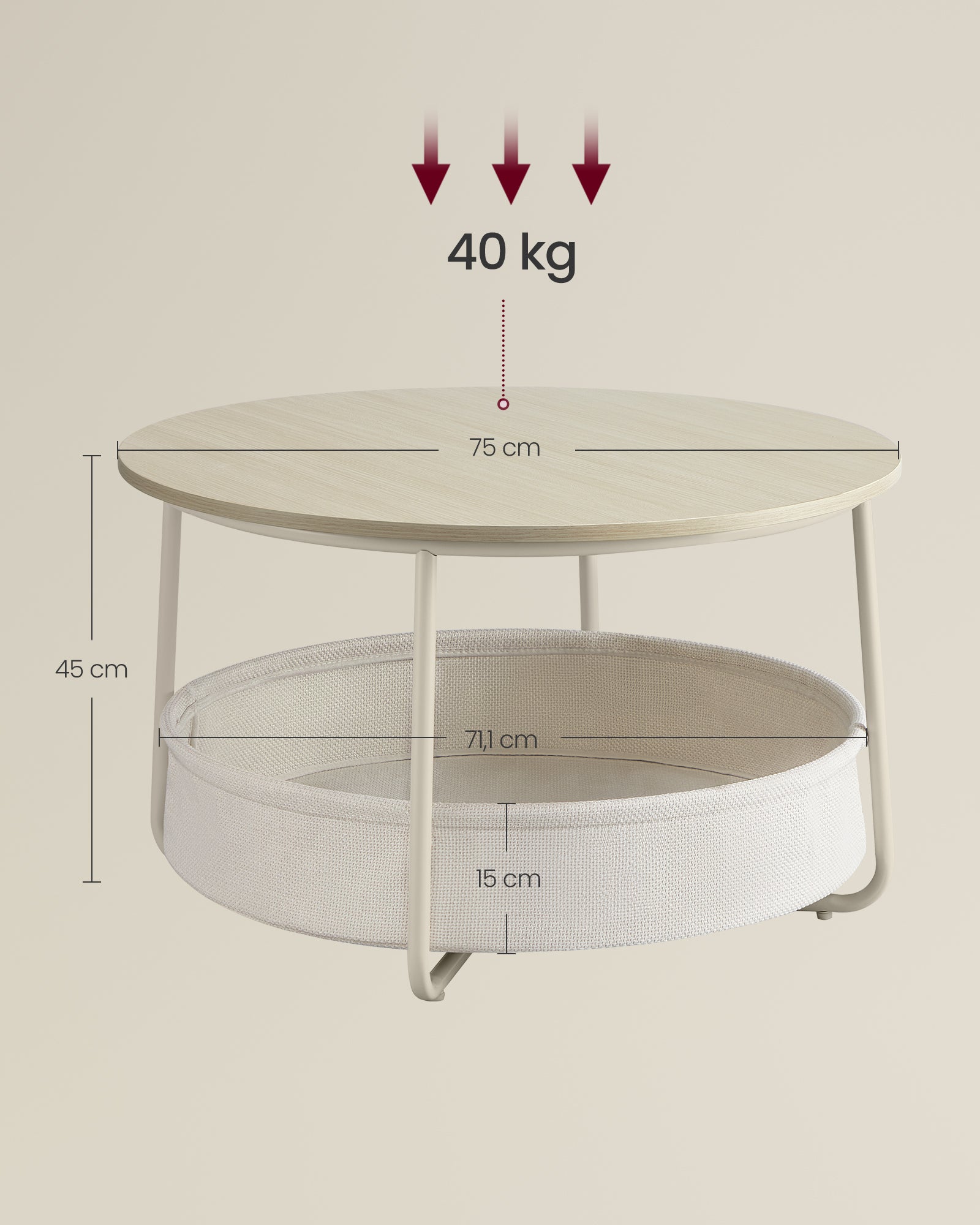 Salontafel Rond Crème wit met opbergmand | Houtlook en Staal | ⌀ 75cm x 45cm - Industrieelinhuis.nl