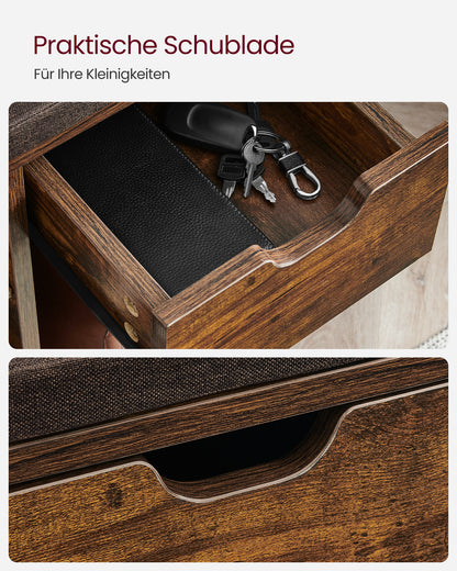 Schoenenbank met Lade en Open Vakken – Houten halbank met gecapitonneerde zitting in vintage bruin