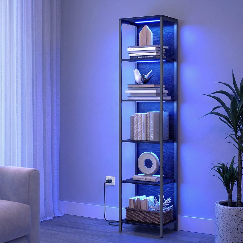 Boekenkast Nova met LED-verlichting – Zwart – 40x30,3x178,6 cm - Industrieelinhuis.nl