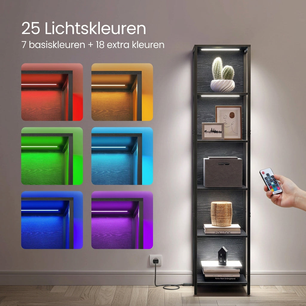 Boekenkast Nova met LED-verlichting – Zwart – 40x30,3x178,6 cm - Industrieelinhuis.nl