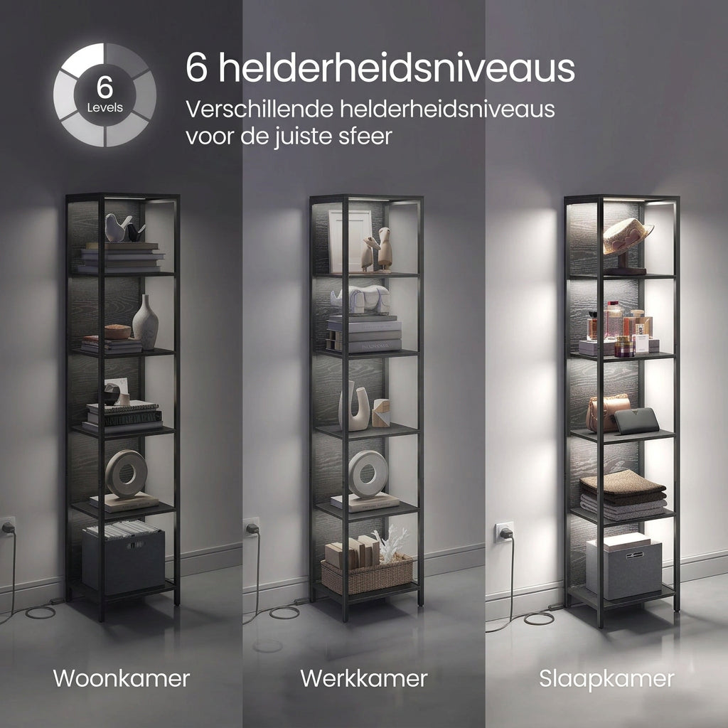 Boekenkast Nova met LED-verlichting – Zwart – 40x30,3x178,6 cm - Industrieelinhuis.nl