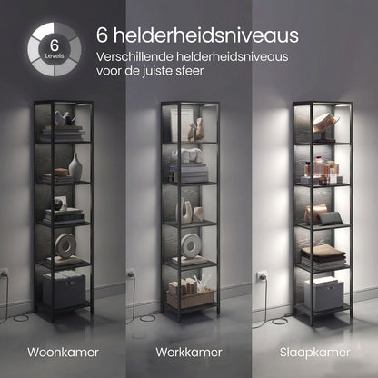 Boekenkast Nova met LED-verlichting – Zwart – 40x30,3x178,6 cm - Industrieelinhuis.nl