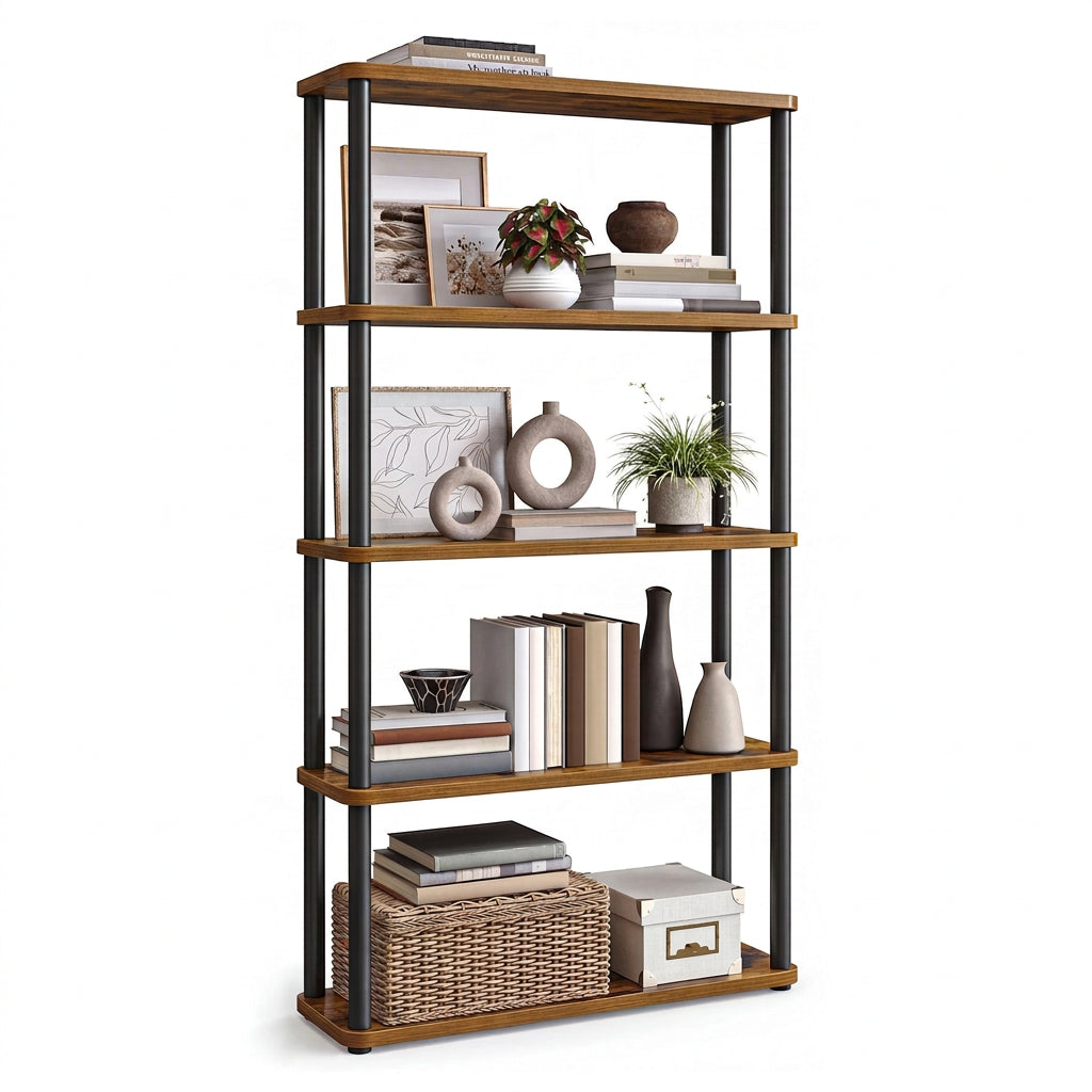 Open Boekenkast Milan met 5 Planken – Rustiek Bruin/Zwart – 60x23,8x139 cm - Industrieelinhuis.nl