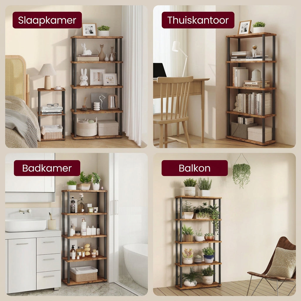 Open Boekenkast Milan met 5 Planken – Rustiek Bruin/Zwart – 60x23,8x139 cm - Industrieelinhuis.nl