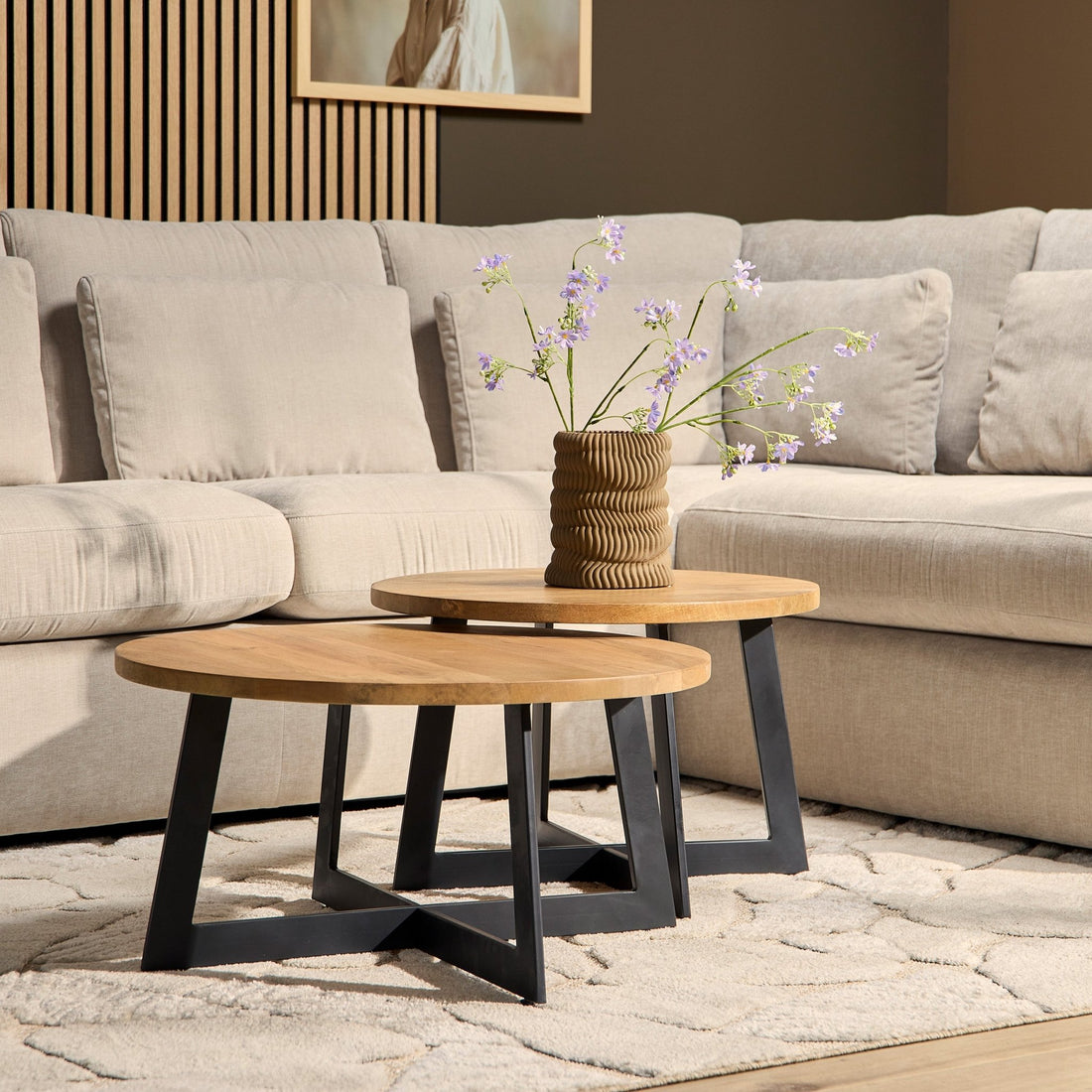 Mangohout salontafel set van 2 | Zwart staal en mangohout | Ø 70 cm