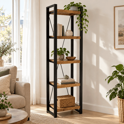 Smalle boekenkast industrieel mangohout staal | 55x40x200cm