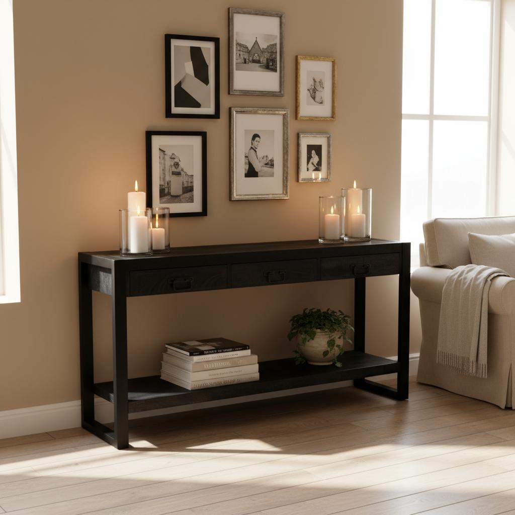 Sidetable zwart | Mangohout en Staal | 150x35x76cm