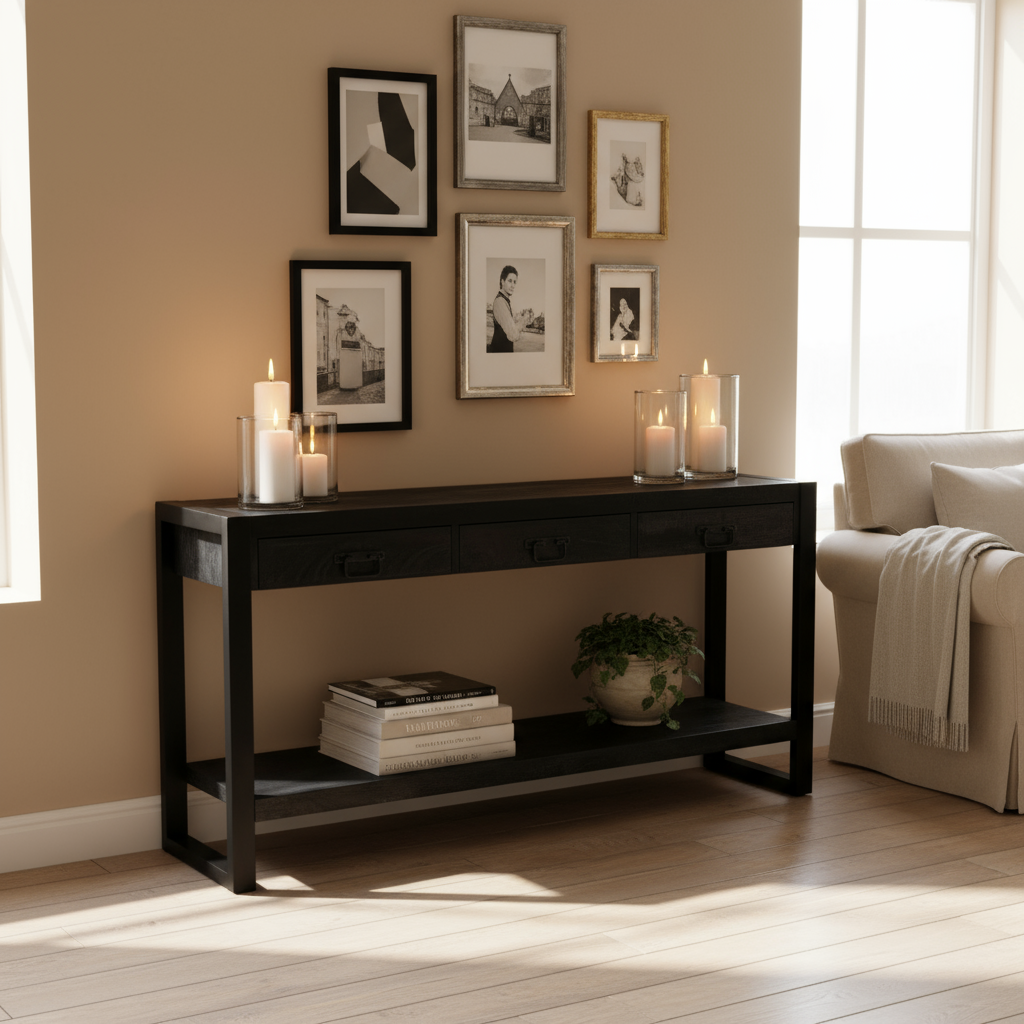 Sidetable zwart | Mangohout en Staal | 150x35x76cm