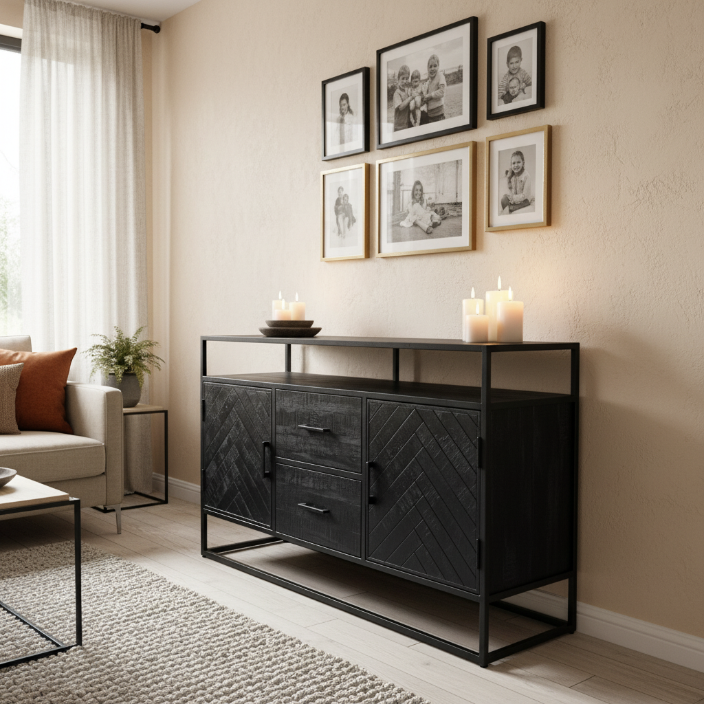 Zwart visgraat dressoir | Zwart Mangohout en Staal | 150x45x90cm