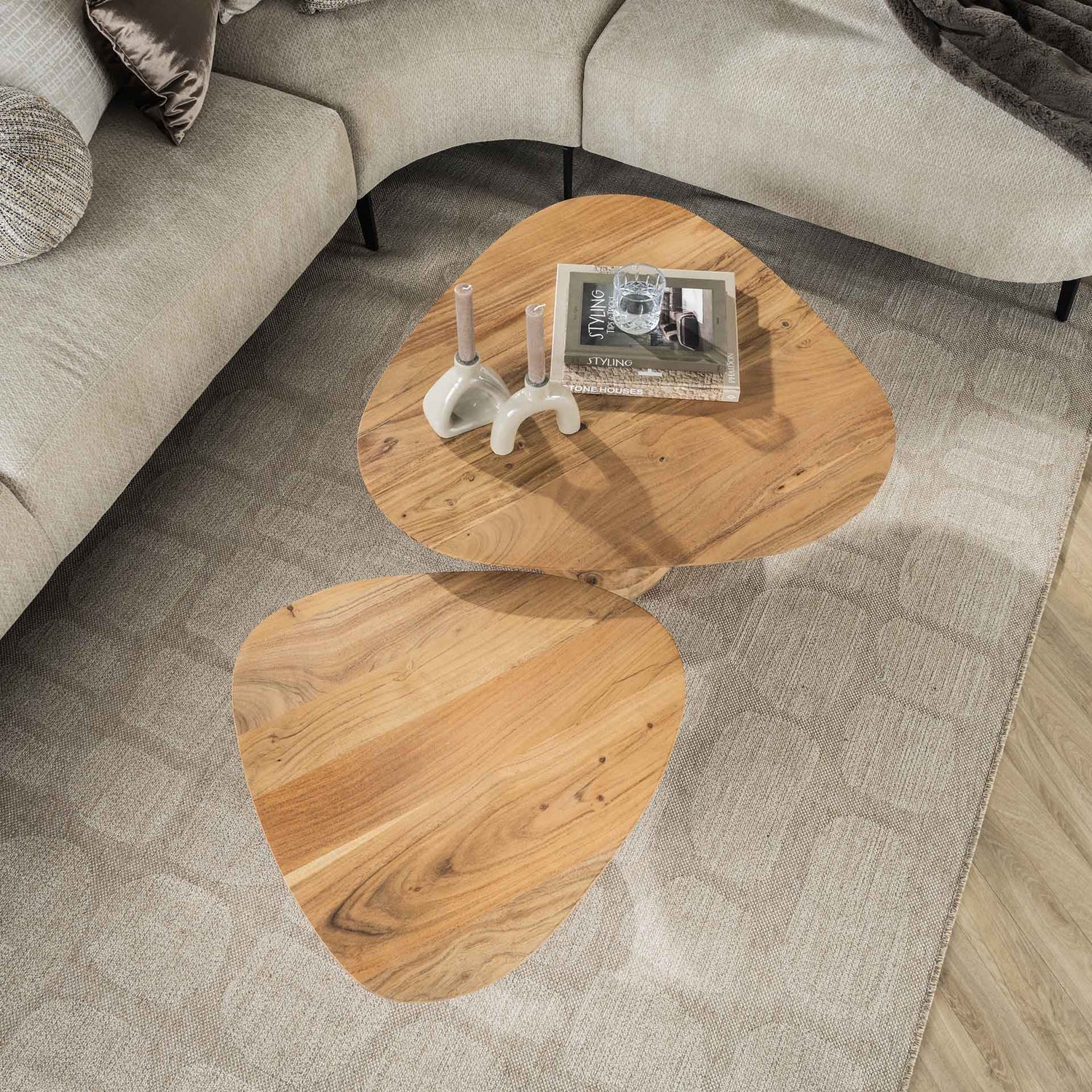 Organische salontafel set van 2 | voet van hout