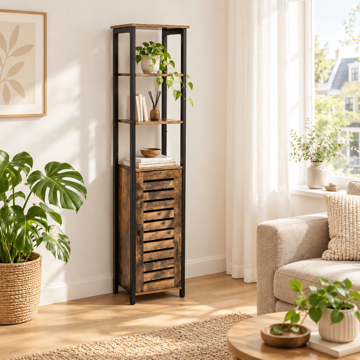 Smalle hoge kast Industrieel Design | Houtlook en Staal | 37x30x167cm