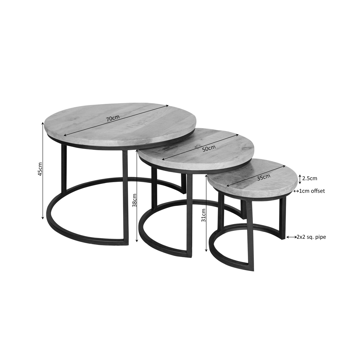 Ronde Salontafel set van 3 Dakota | Zwart onderstel | Mangohout blad