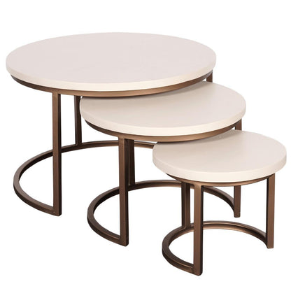 Ronde Salontafel set van 3 | Madison | Zandkleurig blad met koperen onderstel