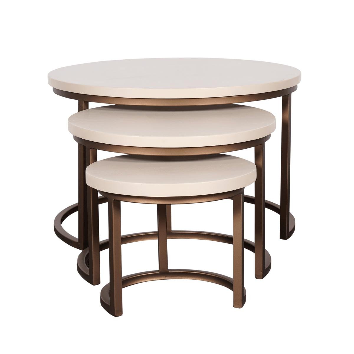 Ronde Salontafel set van 3 | Madison | Zandkleurig blad met koperen onderstel