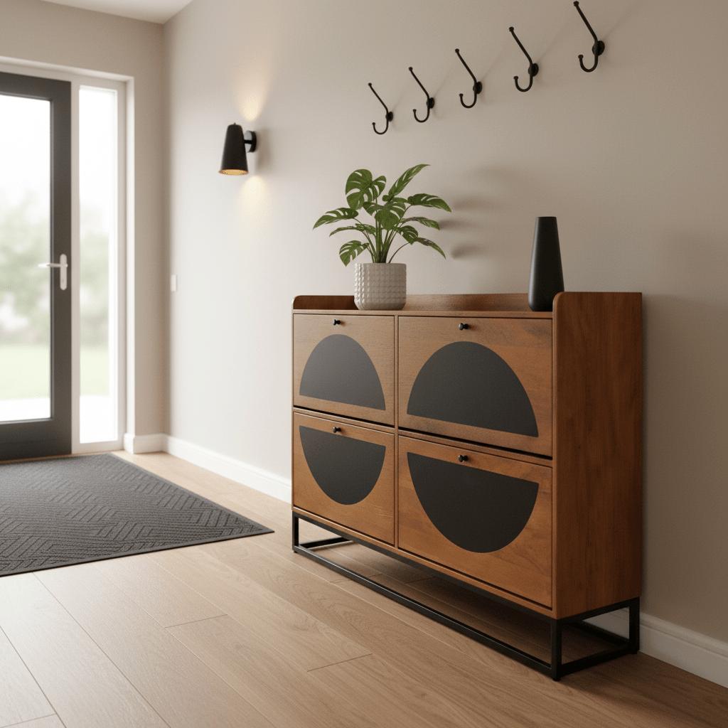 Smalle Schoenenkast van Mangohout en Staal – 140×30×100 cm – 4 Deuren – Duurzaam Industrieel Design - Industrieelinhuis.nl