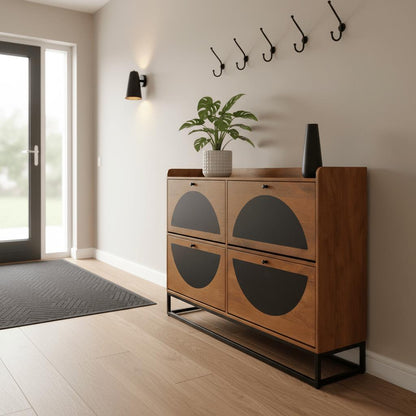 Smalle Schoenenkast van Mangohout en Staal – 140×30×100 cm – 4 Deuren – Duurzaam Industrieel Design - Industrieelinhuis.nl