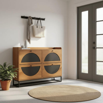 Smalle Schoenenkast van Mangohout en Staal – 140×30×100 cm – 4 Deuren – Duurzaam Industrieel Design - Industrieelinhuis.nl
