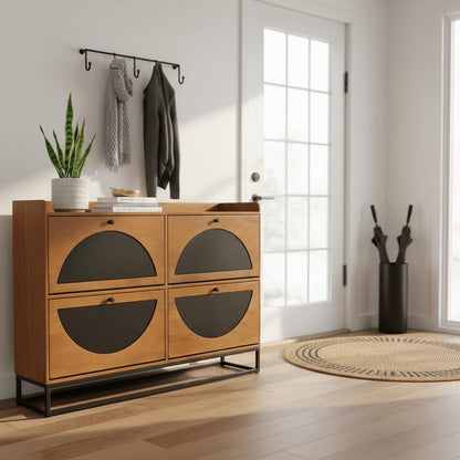 Smalle Schoenenkast van Mangohout en Staal – 140×30×100 cm – 4 Deuren – Duurzaam Industrieel Design - Industrieelinhuis.nl