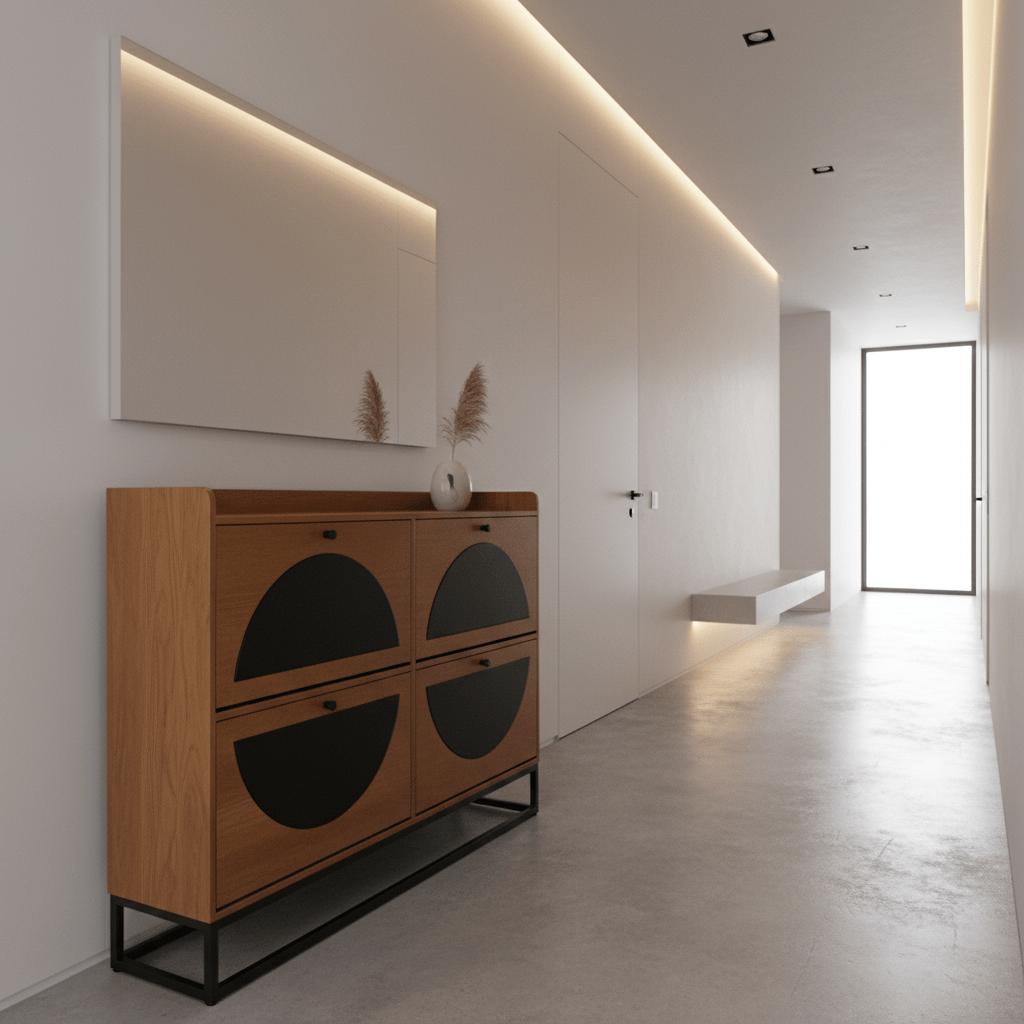 Smalle Schoenenkast van Mangohout en Staal – 140×30×100 cm – 4 Deuren – Duurzaam Industrieel Design - Industrieelinhuis.nl