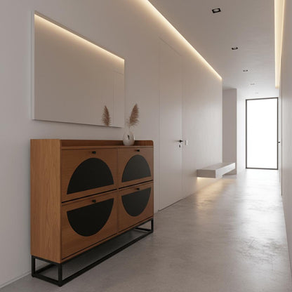 Smalle Schoenenkast van Mangohout en Staal – 140×30×100 cm – 4 Deuren – Duurzaam Industrieel Design - Industrieelinhuis.nl