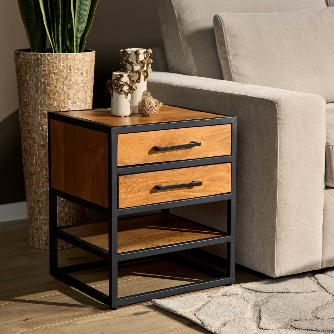 Nachtkastje mangohout Denver | Mangohout en Staal - Industrieelinhuis.nl