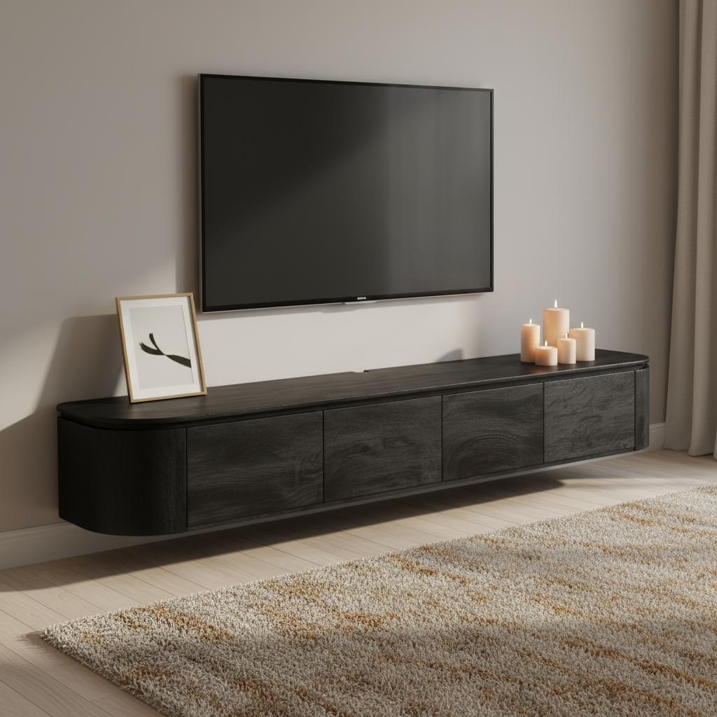 Tv meubel Excellent Black | 240 cm Zwevend of op poten te plaatsen - Industrieelinhuis.nl