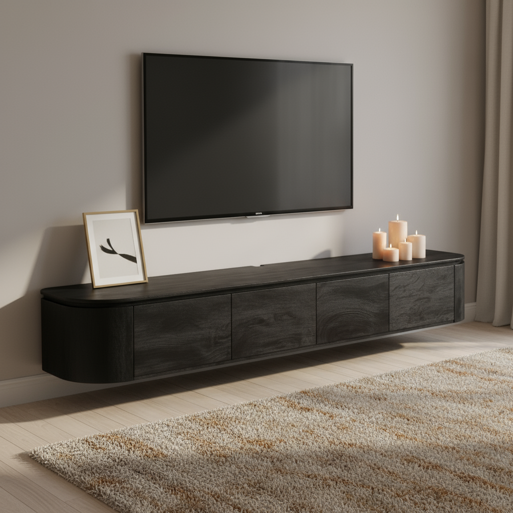 Tv meubel Excellent Black | 240 cm Zwevend of op poten te plaatsen - Industrieelinhuis.nl