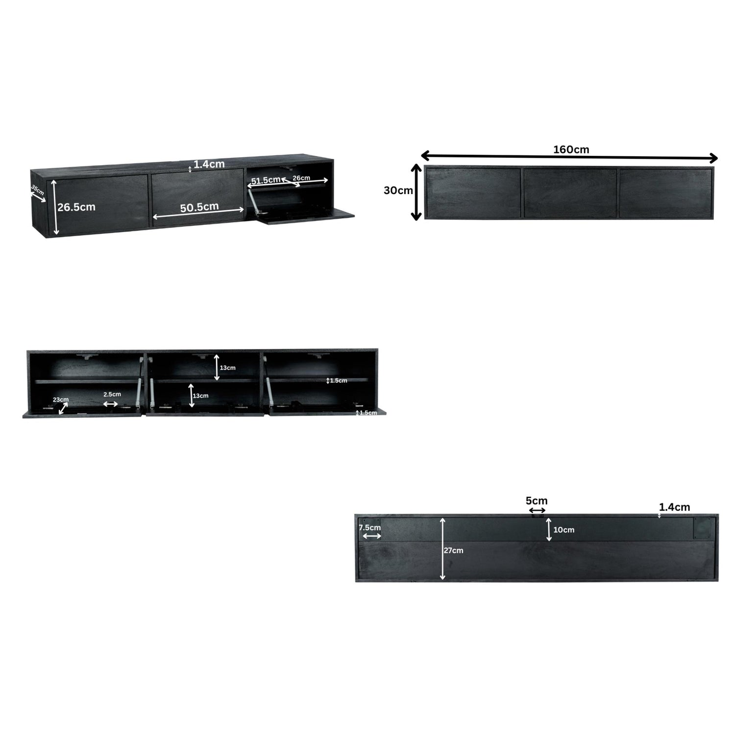Zwevend tv meubel Vision Black | 160 cm - Industrieelinhuis.nl