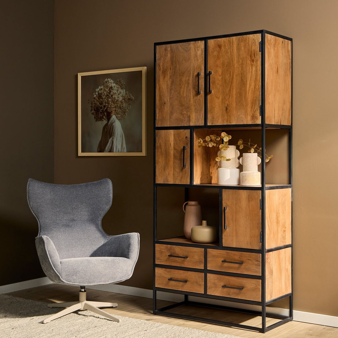 Vakkenkast Denver | Mangohout en staal | 90 cm - Industrieelinhuis.nl