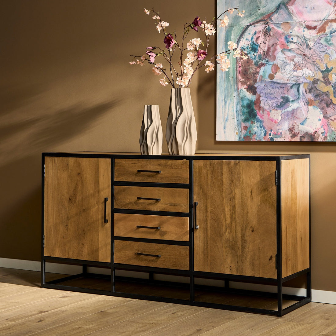 Dressoir mangohout en staal Denver | Mangohout en staal | 165 cm - Industrieelinhuis.nl