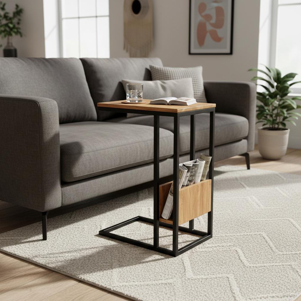 Bijzettafel voor over de bank | Mangohout en Staal | 48x32x72cm