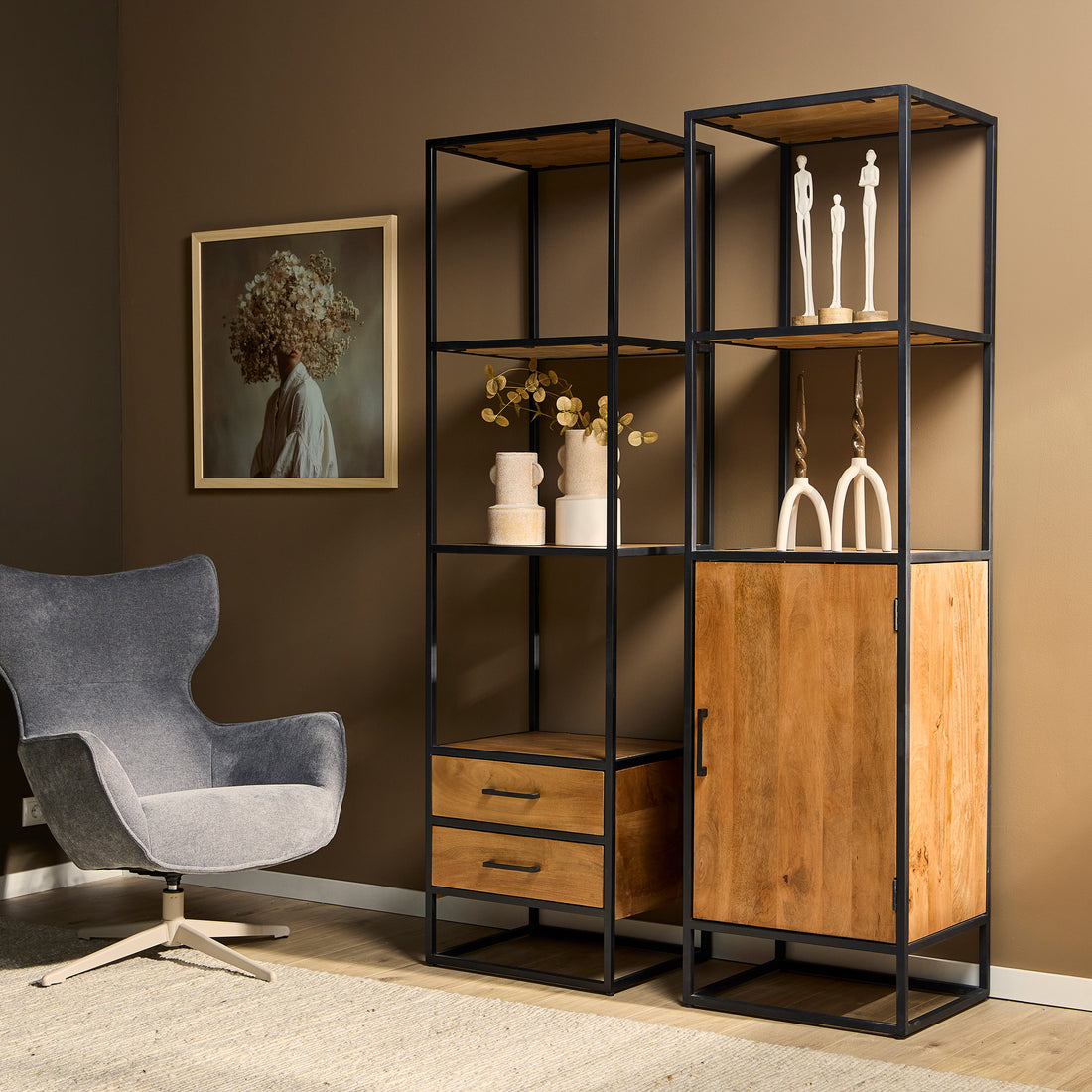 Boekenkast mangohout industrieel Denver | Mangohout en staal | 1 deur | 55 cm