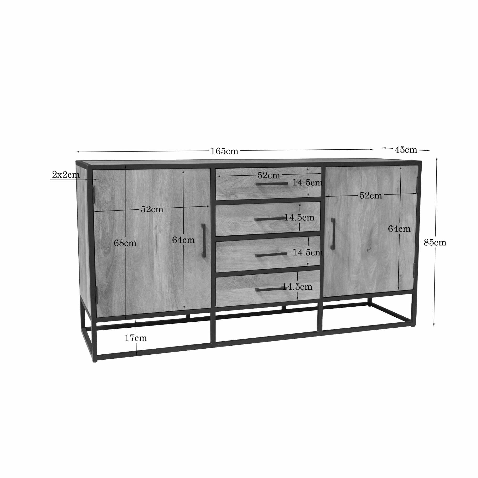 Dressoir Dakota 165 cm – Massief Mangohout met Zwart Metalen Frame – 4 Lades &amp; 2 Deuren – Industrieel Design - Industrieelinhuis.nl